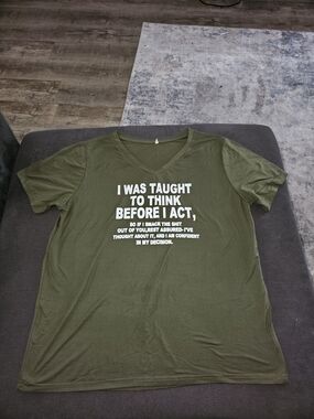 Olive Green Graphic V-Neck Tee with Bold White Text